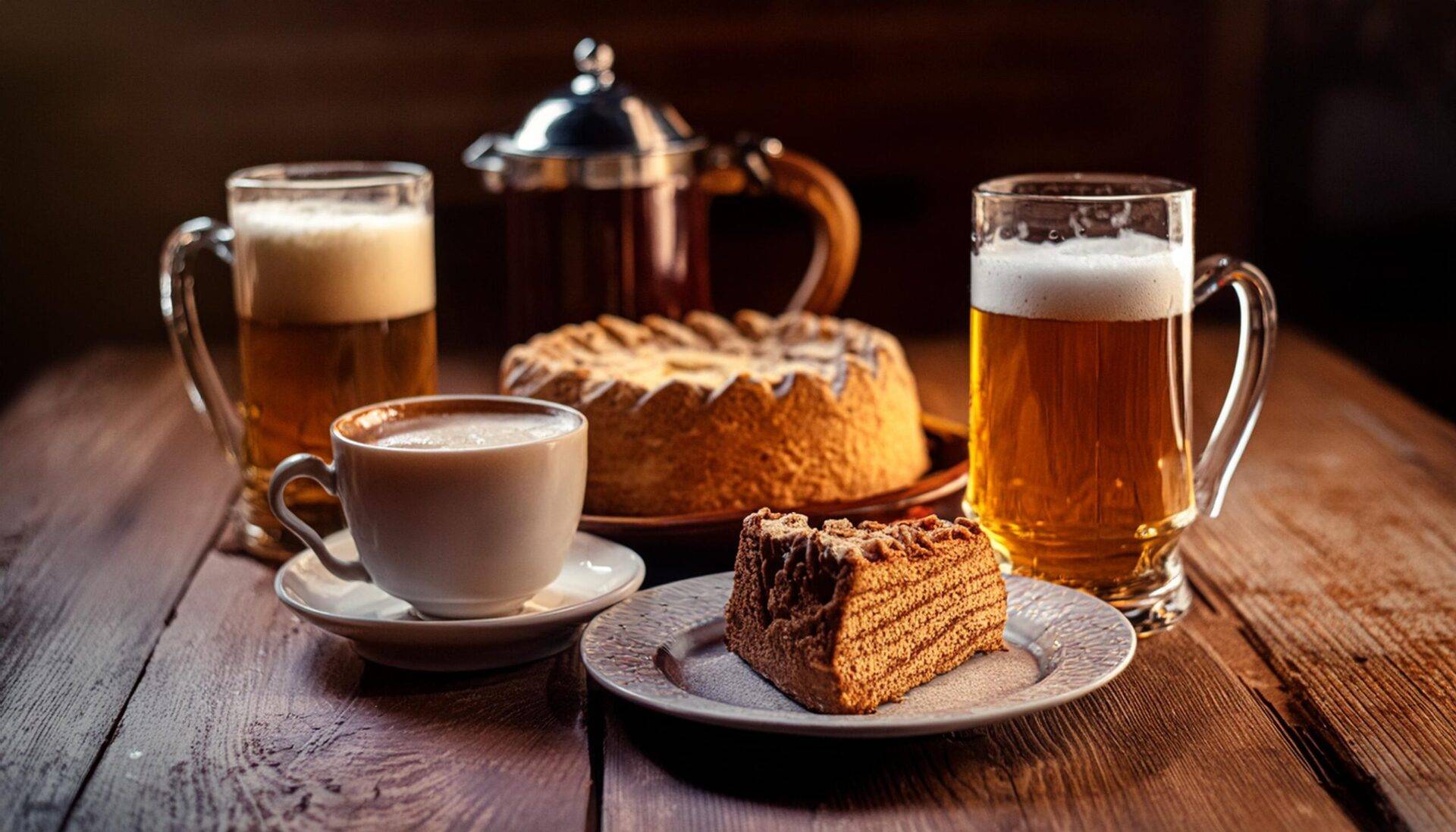 Holztisch mit einem Teller Kuchen und eine Tasse Kaffee, dazu ein frisch gezapftes Bier