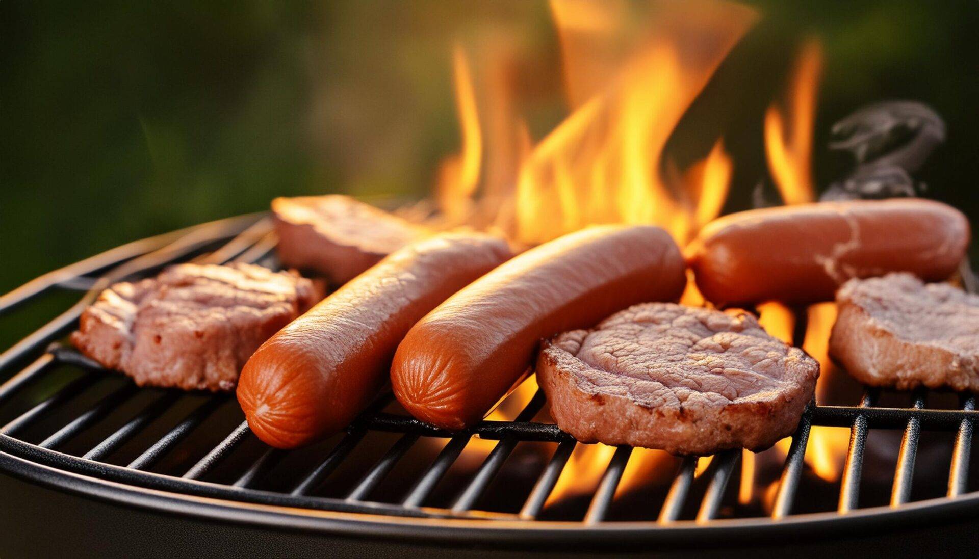 Grill mit Wurst und Steak. Im Hintergrund sind Flammen.